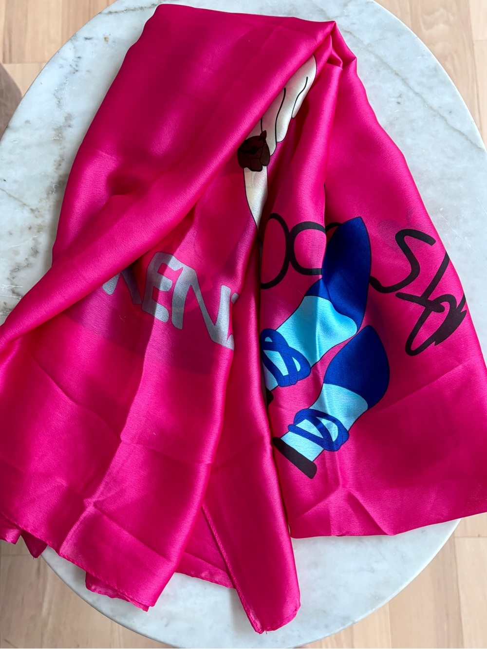 VTG KENZO Paris Silk Scarf Hot Pink Whimsical Salon Hairdresser Graphic Print